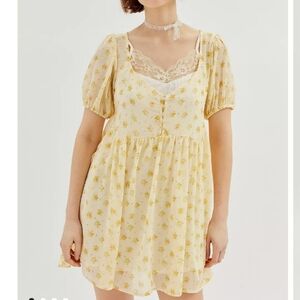 Urban Outfitters Babydoll Mini Dress Yellow Floral M